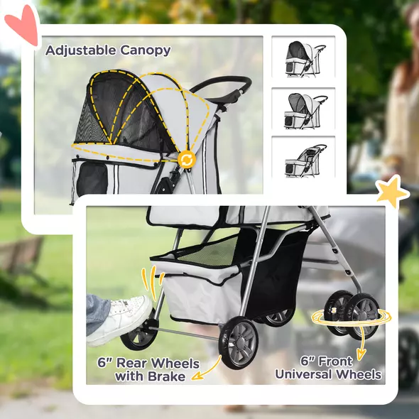 PawHut Pet Stroller for Small Miniature Dogs Cats Foldable Travel Carriage with Wheels Zipper Entry Cup Holder Storage Basket Grey - 6