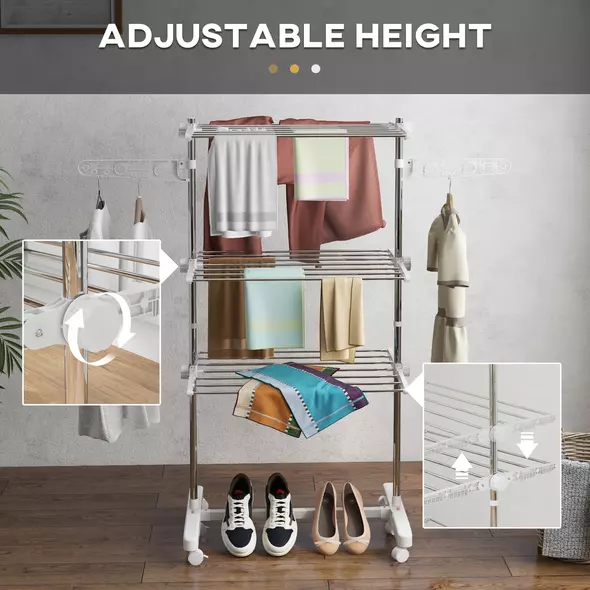 HOMCOM 3-Tier Clothes Airer, Stainless Steel Foldable Clothes Drying Rack with Wheels and Wings, Indoor and Outdoor, Easy Assembly, 142 x 55 x 152cm, White - 4