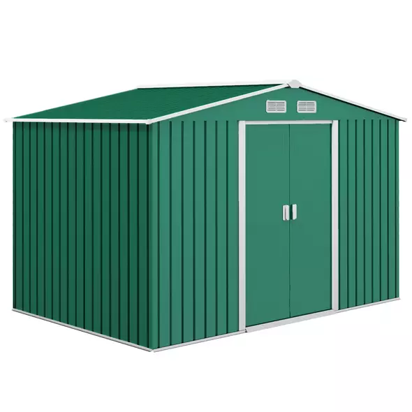 Outsunny 9 x 6ft Metal Garden Shed, Outdoor Storage Tool House with Ventilation Slots, Foundation Kit and Lockable Double Doors, Green - 1