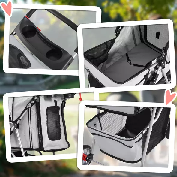 PawHut Pet Stroller for Small Miniature Dogs Cats Foldable Travel Carriage with Wheels Zipper Entry Cup Holder Storage Basket Grey - 8