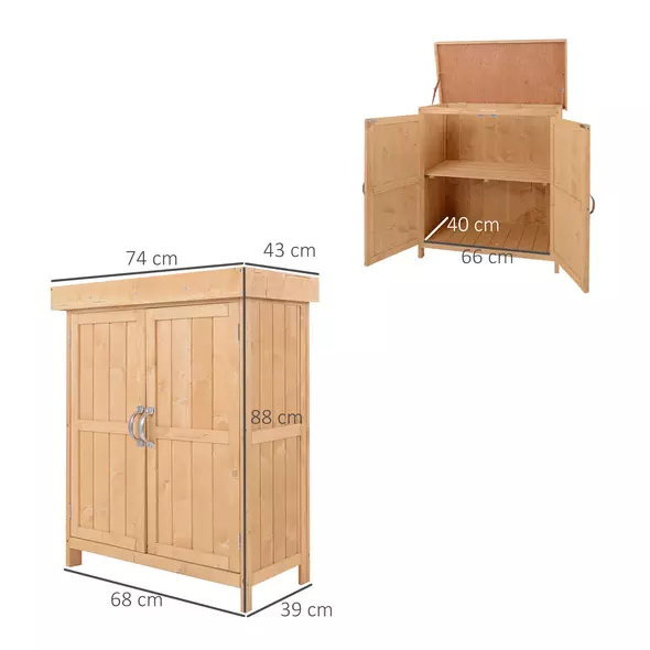 Outsunny Small Shed, Wooden Garden Shed with Openable Hinged Roof and Removable Shelf, Outdoor Tool Storage Cabinet Chest with Double Doors, 74 x 43 x 88 cm, Natural Wood Finish - 3
