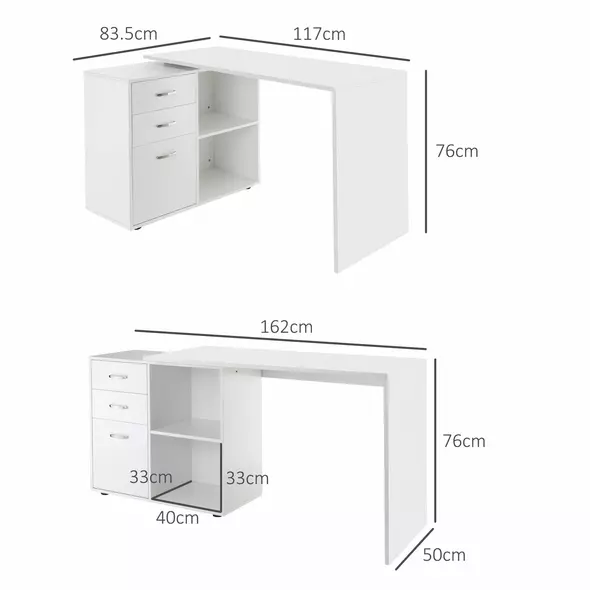 HOMCOM L Shaped Computer Desk, Reversible Home Office Desk with Drawers, File Cabinet and Storage Shelves, Study Table, 117 x 83.5 x 76cm, White - 3