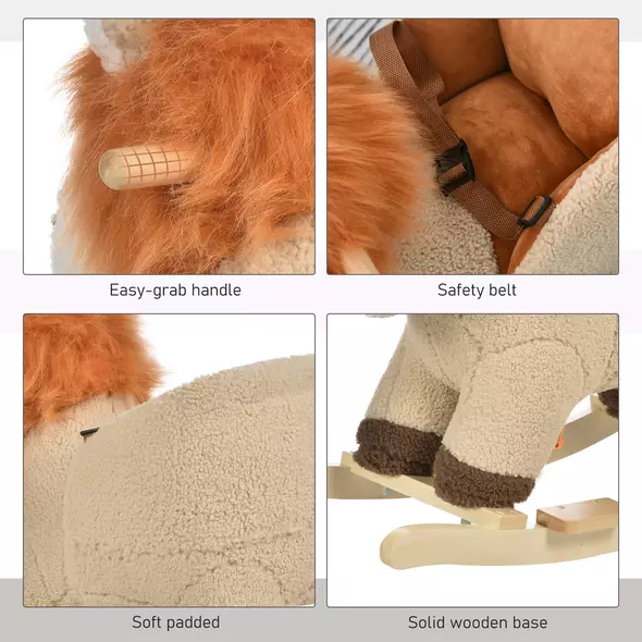 HOMCOM Kids Lion-themed Rocking Horse, with Roaring Sound Button, Seatbelt, Brown - 6