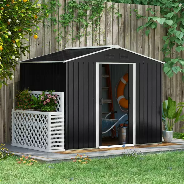 Outsunny 7.7 x 5.7ft Metal Garden Shed, Galvanised Outdoor Tool Storage House with Ventilation Slots and Sliding Doors, Grey - 2