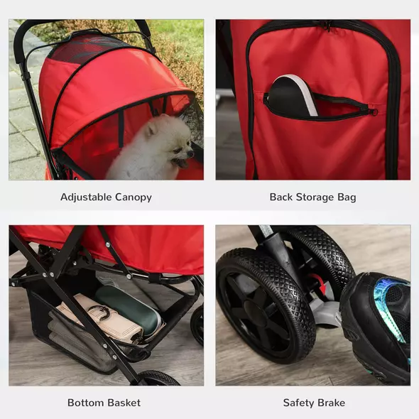 PawHut Pet Stroller Pushchair Foldable Travel Dog Cat Carriage w/ Reversible Handle Brake Basket - 7