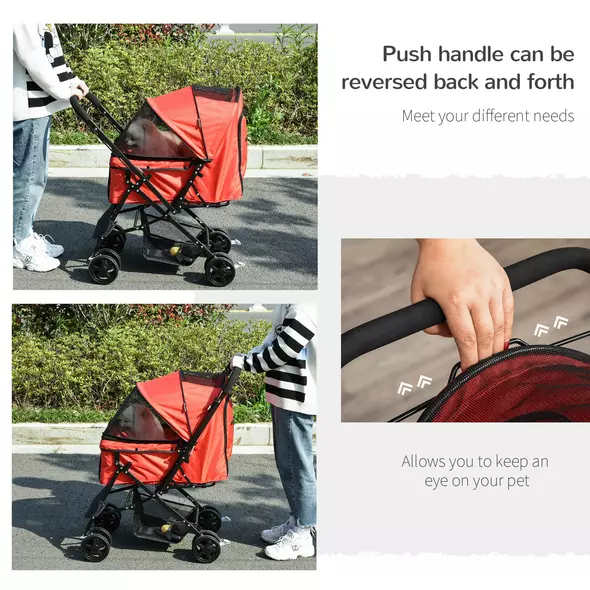 PawHut Pet Stroller Pushchair Foldable Travel Dog Cat Carriage w/ Reversible Handle Brake Basket - 6