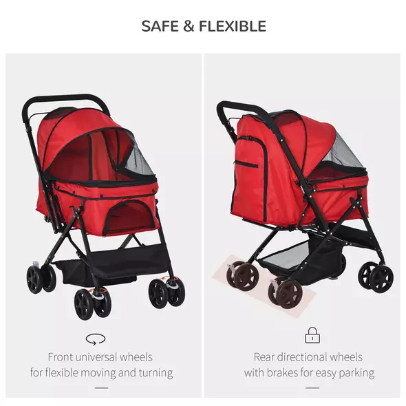 PawHut Pet Stroller Pushchair Foldable Travel Dog Cat Carriage w/ Reversible Handle Brake Basket - 9
