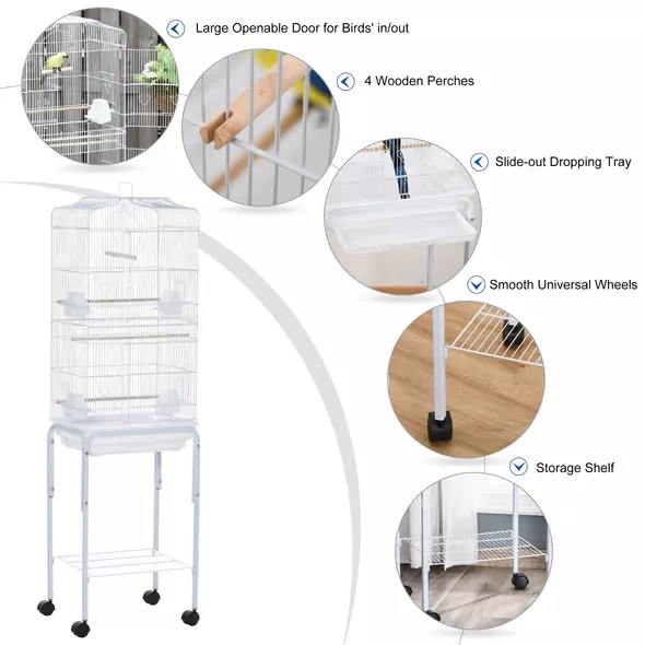 PawHut Bird Cage Budgie Cages for Finch Canary Parakeet with Stand Wheels Slide-out Tray Accessories Storage Shelf, White 46.5 x 36 x 157 cm - 5