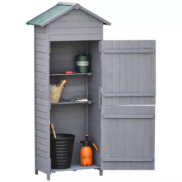 Outsunny Wooden Garden Storage Shed Utility Gardener Cabinet w/ 3 Shelves, Tilted-felt Roof and Two Lockable Doors, 79cm x 49cm x 191.5cm, Dark Grey - 1