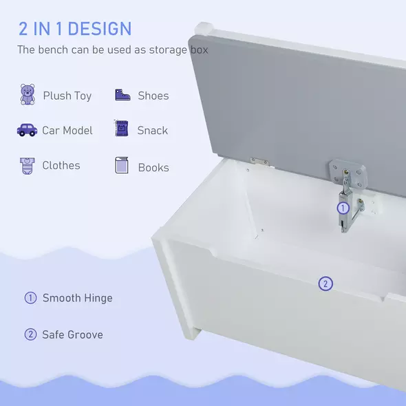 HOMCOM 4-Piece Kids Table and Chair Set with 2 Wooden Chairs, 1 Storage Bench, and Interesting Modern Design, Grey/White - 7