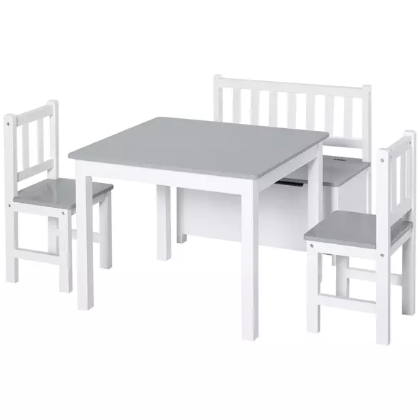 HOMCOM 4-Piece Kids Table and Chair Set with 2 Wooden Chairs, 1 Storage Bench, and Interesting Modern Design, Grey/White - 1