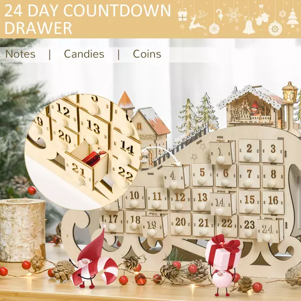 HOMCOM Christmas Advent Calendar, 2021 Light Up Table Xmas Wooden Sleigh Holiday Decoration with Countdown Drawer, Village, for kids Adults, Natural Wood Color - 5