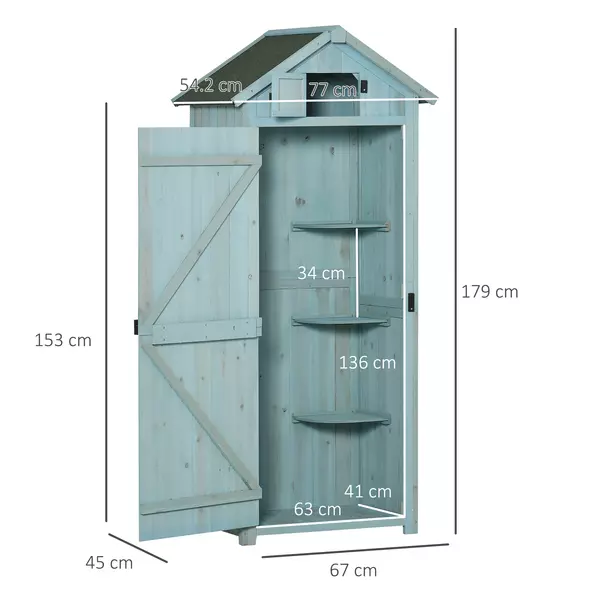 Outsunny Garden Shed Vertical Utility 3 Shelves Shed Wood Outdoor Garden Tool Storage Unit Storage Cabinet, 77 x 54.2 x 179cm - Blue - 3