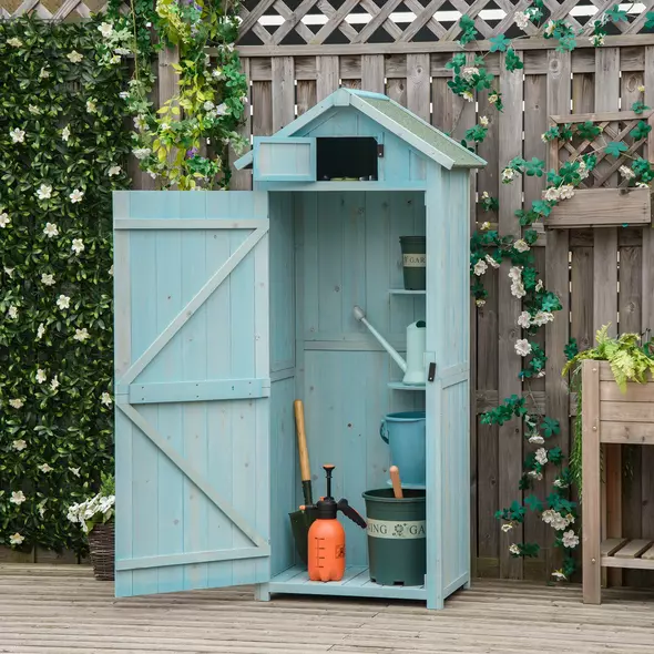 Outsunny Garden Shed Vertical Utility 3 Shelves Shed Wood Outdoor Garden Tool Storage Unit Storage Cabinet, 77 x 54.2 x 179cm - Blue - 2