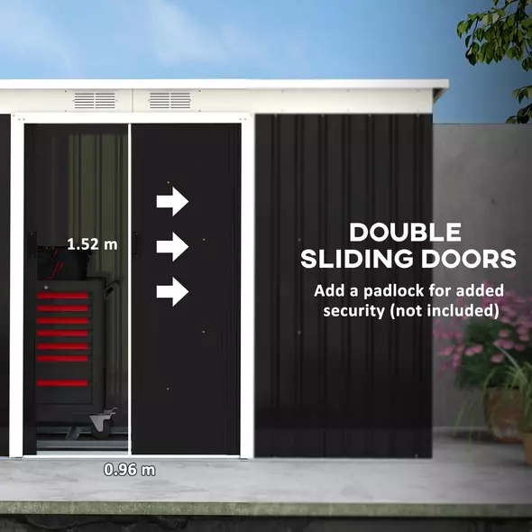 Outsunny 9ft x 4ft Metal Garden Shed, Outdoor Tool House with Foundation Kit, Ventilations and Double Doors, Dark Grey - 5