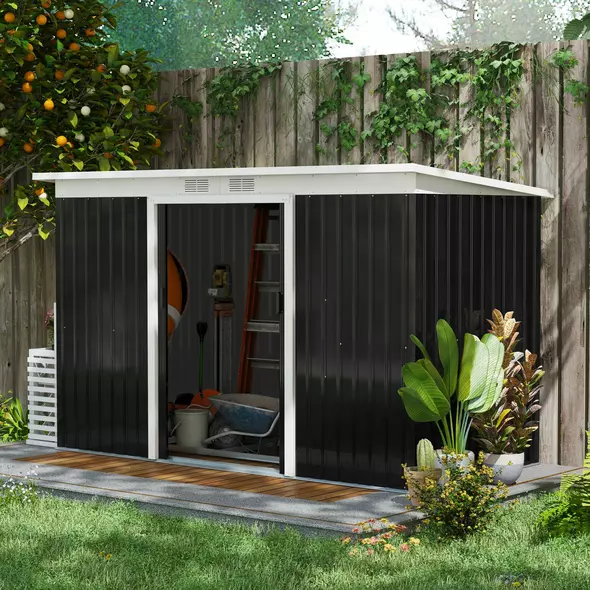 Outsunny 9ft x 4ft Metal Garden Shed, Outdoor Tool House with Foundation Kit, Ventilations and Double Doors, Dark Grey - 2
