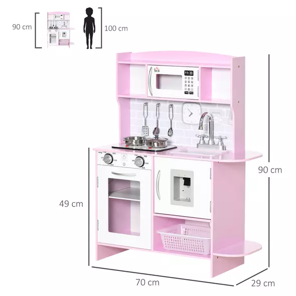 HOMCOM Kids Kitchen Playset, with Lights, Sounds, Microwave, Sink and Storage - Pink - 3