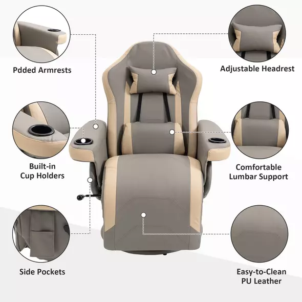 HOMCOM Manual Recliner Armchair PU Leather Lounge Chair w/ Adjustable Leg Rest, 135° Reclining Function, 360° Swivel, Grey - 6