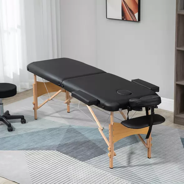 HOMCOM Portable Massage Bed, Folding Spa Beauty Massage Table with 2 Sections, Carry Bag and Wooden Frame, Black - 2