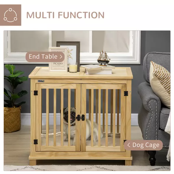 PawHut Wooden Dog Crate, with Double Doors, Cushion, for Medium Dogs - Natural Finish - 5