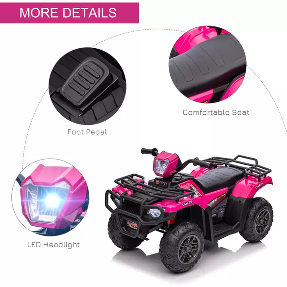 HOMCOM 12V Kids Quad Bike with Forward, Reverse Functions, Ride-On ATV w/ Music, LED, Headlights, for Ages 3-5 Years - Pink - 7
