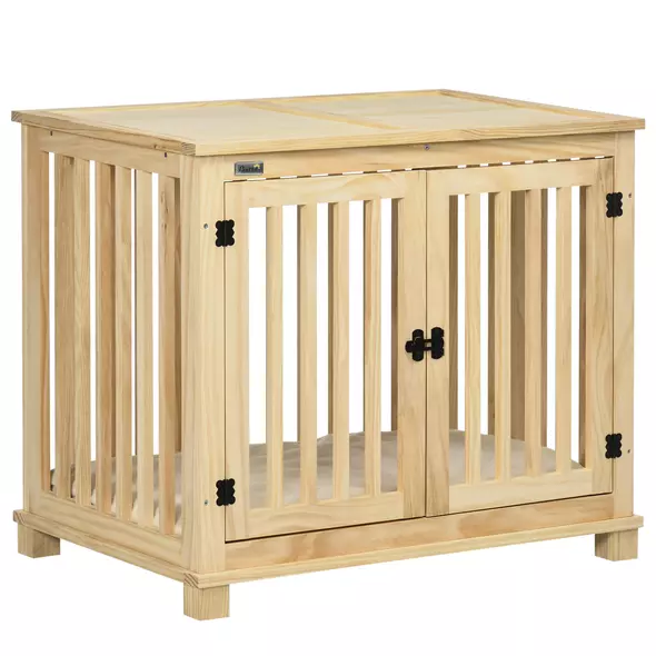 PawHut Wooden Dog Crate, with Double Doors, Cushion, for Medium Dogs - Natural Finish - 1