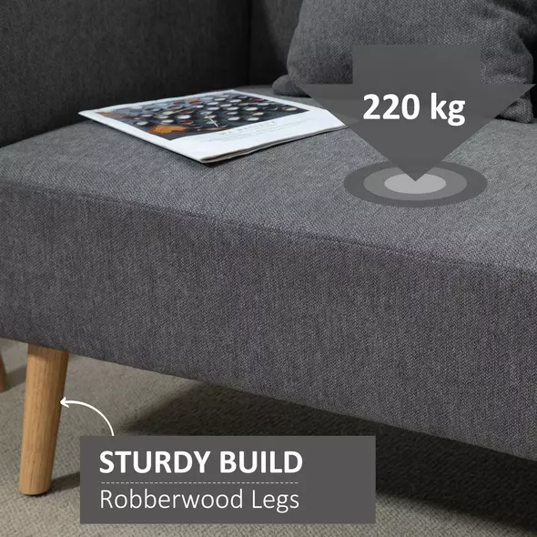 HOMCOM 2 Seater Sofa, Modern Fabric Loveseat Sofa, Small Couch with 2 Pillows, Armrest and Wood Legs for Living Room, Bedroom, Home Office, Grey - 5