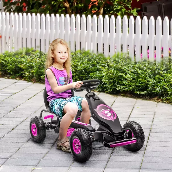 HOMCOM Kids Pedal Go Kart, with Adjustable Seat, Inflatable Tyres - Pink - 2