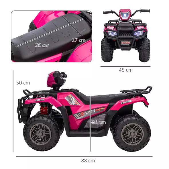 HOMCOM 12V Kids Quad Bike with Forward, Reverse Functions, Ride-On ATV w/ Music, LED, Headlights, for Ages 3-5 Years - Pink - 3