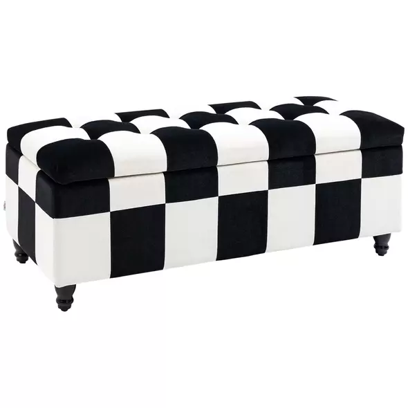 HOMCOM Storage Ottoman, Storage Bench with Wood Legs, Footstool, Footrest with Velvet Surface for Bedroom, Hallway, Living Room, 114 x 47 x 47 cm, White and Black - 1
