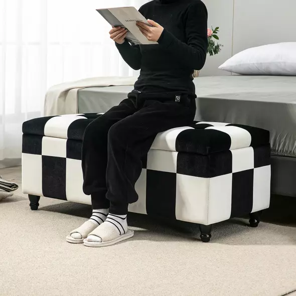 HOMCOM Storage Ottoman, Storage Bench with Wood Legs, Footstool, Footrest with Velvet Surface for Bedroom, Hallway, Living Room, 114 x 47 x 47 cm, White and Black - 7