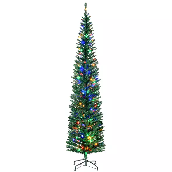HOMCOM 7.5' Artificial Prelit Christmas Trees Holiday Décor with Colourful LED Lights, Pencil Shape, Steel Base - 1