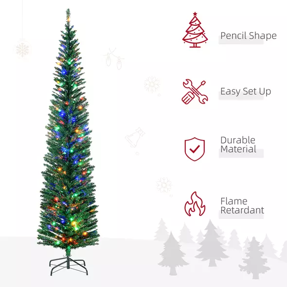 HOMCOM 7.5' Artificial Prelit Christmas Trees Holiday Décor with Colourful LED Lights, Pencil Shape, Steel Base - 4