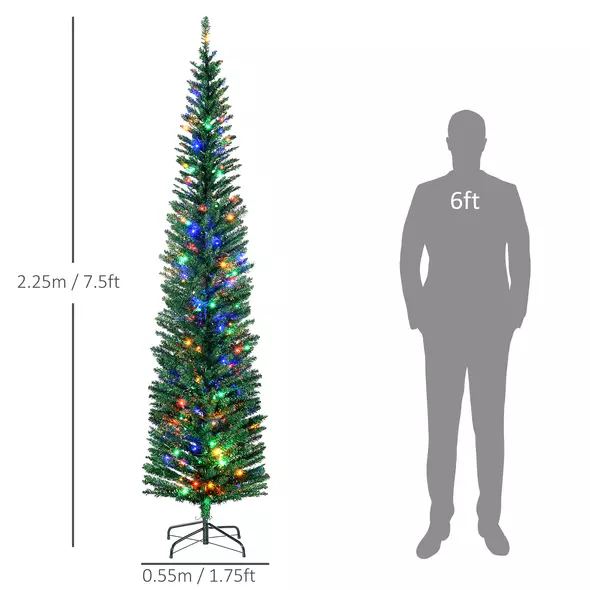 HOMCOM 7.5' Artificial Prelit Christmas Trees Holiday Décor with Colourful LED Lights, Pencil Shape, Steel Base - 3