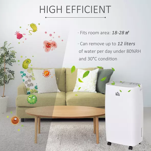 HOMCOM 12L/Day Dehumidifier with Continuous Drainage, 2.5L Water Tank, 24H Timer, Humidity Display, for Home Damp, Condensation, Mould and Laundry Drying, White - 4