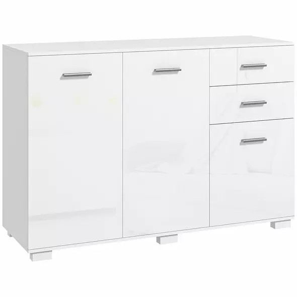 HOMCOM Sideboard, Modern Storage Cabinet with 2 Drawers, 3 Doors and Adjustable Shelves, Kitchen Cabinet for Living Room, Dining Room, High Gloss White - 1