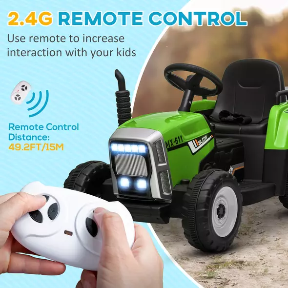 HOMCOM Ride On Tractor, Battery Powered Electric Car, with Detachable Trailer, Remote Control, Music - Green - 5