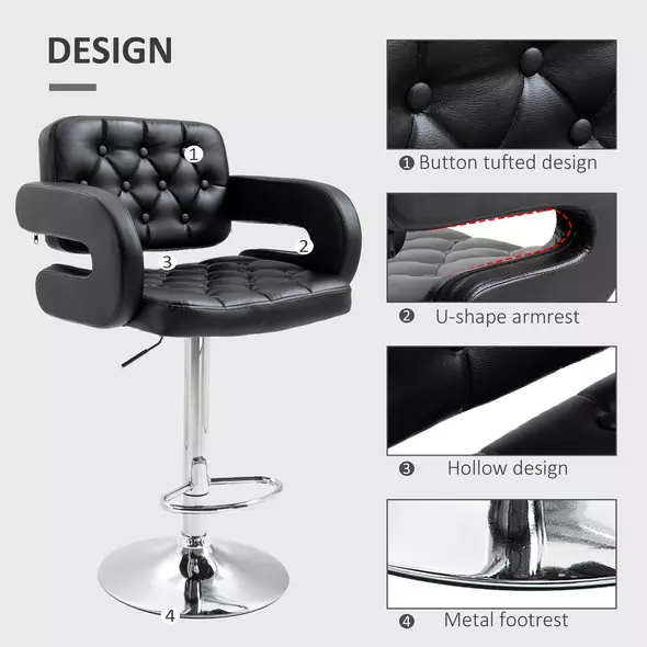 HOMCOM PU Leather Upholstered Swivel Bar Stool, Height Adjustable with Back, Armrest, Footrest, Black - 7