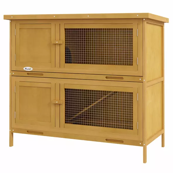 PawHut Double Decker Rabbit Hutch 2 Tier Guinea Pig House Pet Cage Outdoor with Sliding-out Tray, 97 x 44 x 91cm, Yellow - 1