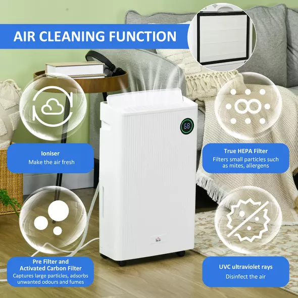 HOMCOM 5500mL Portable Dehumidifier with Air Purifier, UVC, Ioniser, 24H Timer, 5 Modes, 16L/Day, for Home Laundry, White - 6