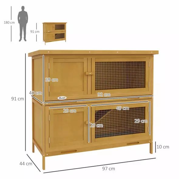 PawHut Double Decker Rabbit Hutch 2 Tier Guinea Pig House Pet Cage Outdoor with Sliding-out Tray, 97 x 44 x 91cm, Yellow - 3