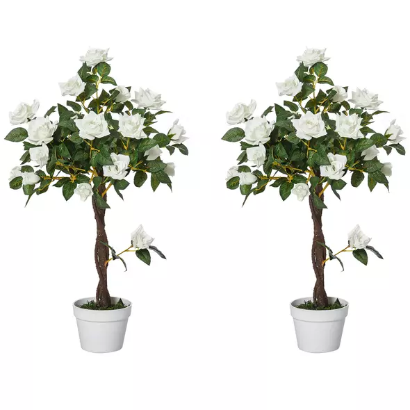 Outsunny Set of 2 Artificial Plants White Rose Floral in Pot, Fake Plants for Home Indoor Outdoor Decor, 90cm - 1