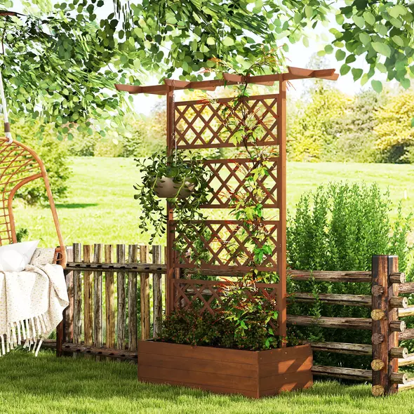 Outsunny Wooden Trellis Planter Box, Raised Garden Bed to Grow Vegetables, Herbs and Flowers, Orange - 2