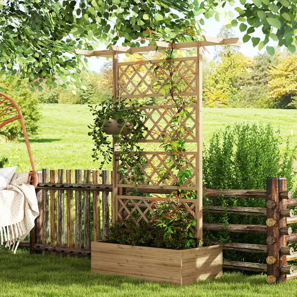 Outsunny Wooden Trellis Planter Box, Raised Garden Bed to Grow Vegetables, Herbs and Flowers, Natural Tone - 2