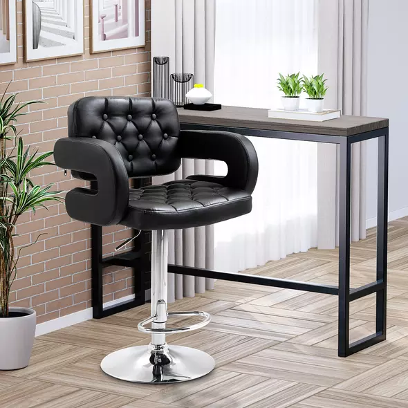 HOMCOM PU Leather Upholstered Swivel Bar Stool, Height Adjustable with Back, Armrest, Footrest, Black - 2