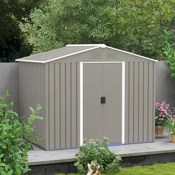 Outsunny 7.7 x 5.7ft Outdoor Garden Storage Shed, Metal Tool House with Ventilation and Sliding Doors, Light Grey - 7