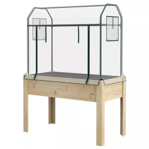 Outsunny Wooden Planter Box with Greenhouse Cover and Bed Liner, Raised Garden Bed for Vegetables, Flowers, Herbs - 1