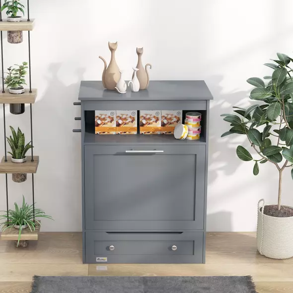 PawHut Pet Feeder Station, Dog, Cat Storage Container, with Raised Bowls, Hanger, Cabinet - Grey - 7