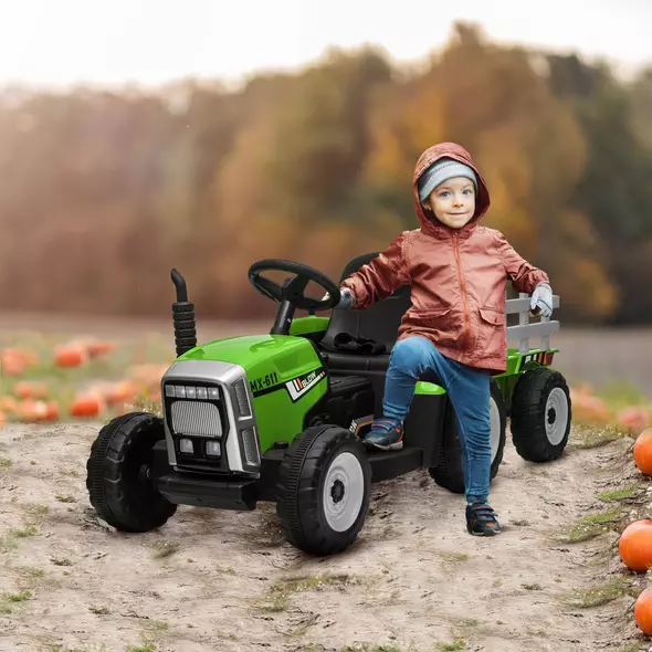 HOMCOM Ride On Tractor, Battery Powered Electric Car, with Detachable Trailer, Remote Control, Music - Green - 2