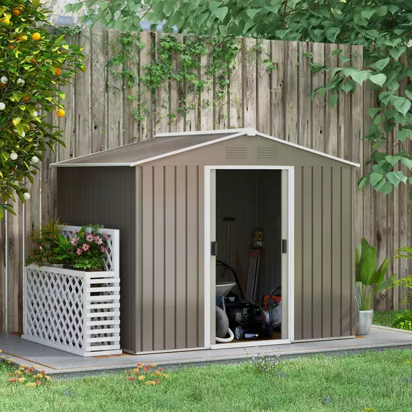 Outsunny 7.7 x 5.7ft Outdoor Garden Storage Shed, Metal Tool House with Ventilation and Sliding Doors, Light Grey - 2
